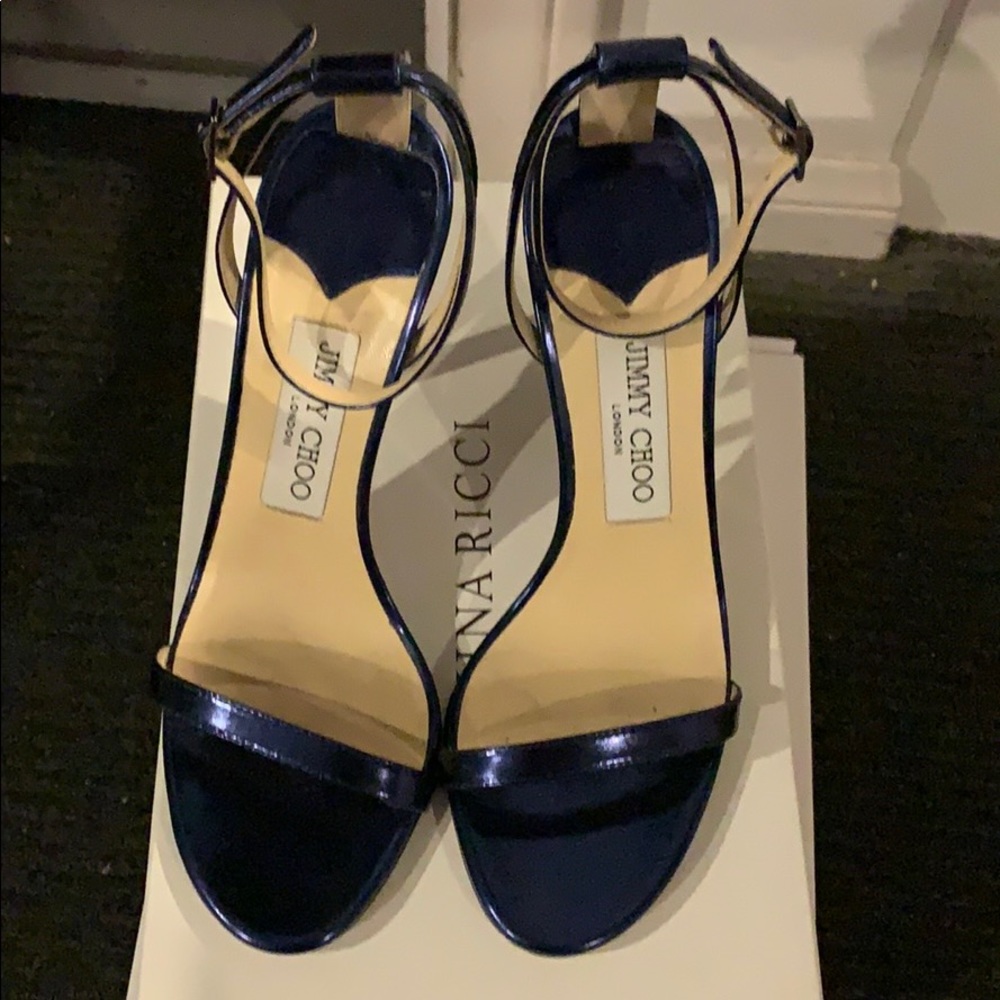 Jimmy Choo Navy Patent Leather Ankle-Strap Heels